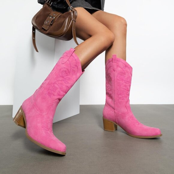 Women's Pink Cowgirl Western Boots Fashion Embroidery Stitched Chunky Heel - Picture 8 of 8